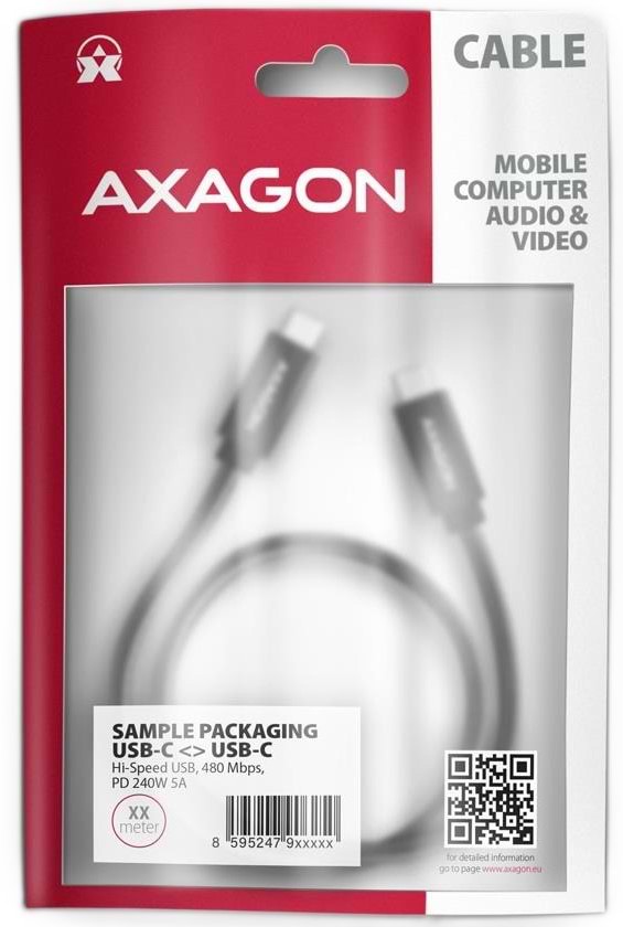 Фото - Кабель синхронизации данных AXAGON USB-C 2.0, 2.5m, PD 240W 5A, Black (BUCM2-CM25AB)