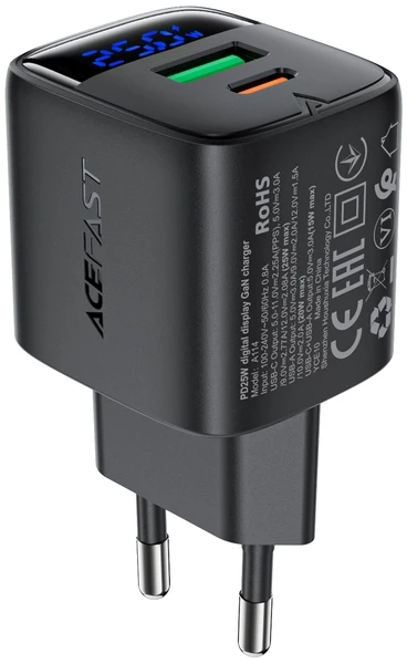 Сетевое зарядное устройство AceFast A114 PD25W GaN charger USB-A+USB-C Black (6974316284437)