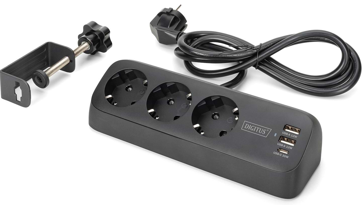 Сетевой фильтр Assmann 3р 1.5m 2x USB-A + USB-C 30W Black (DA-70625)