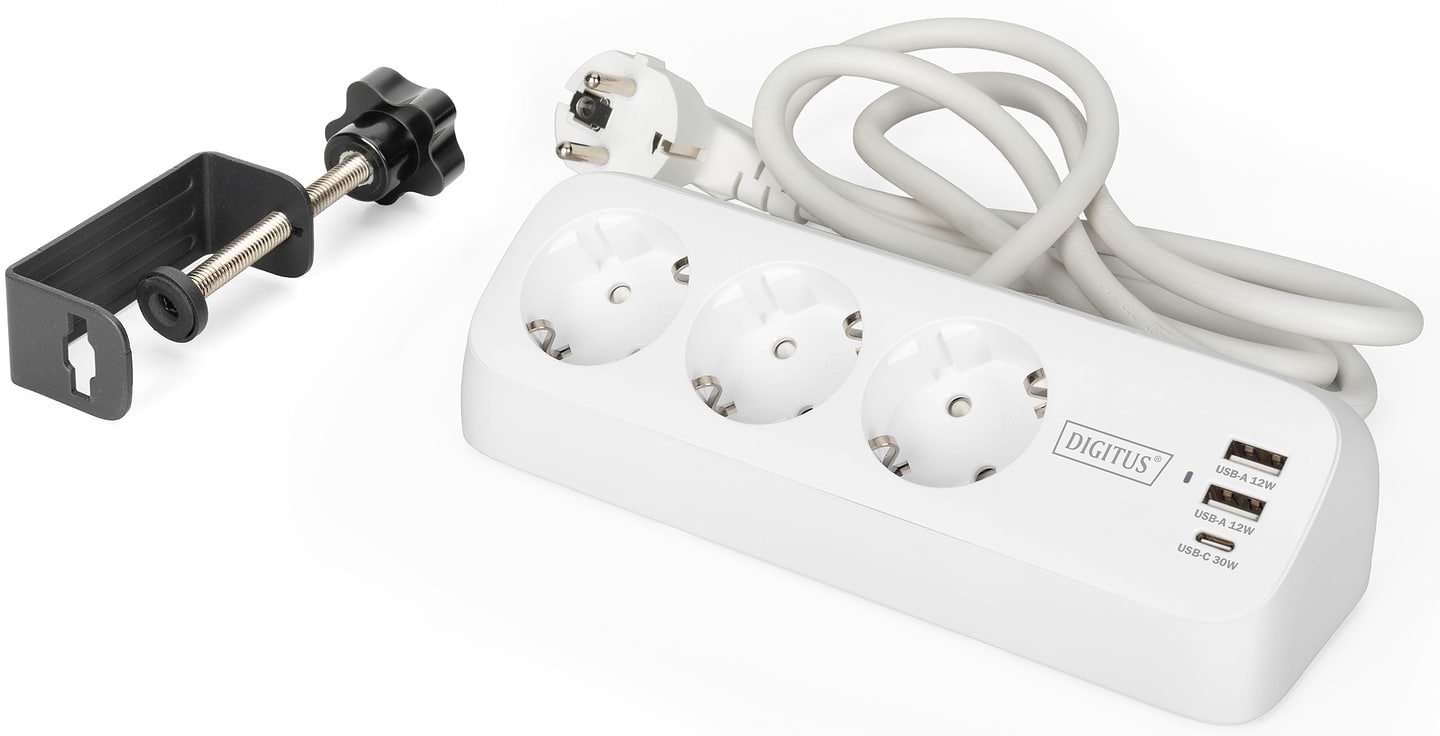 Сетевой фильтр Assmann 3р 1.5m 2x USB-A + USB-C 30W White (DA-70626)