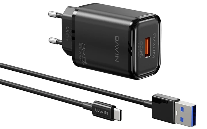 Мережевий зарядний пристрій Bavin PC2029Y-С 22.5W USB-A 3.0A Super Quick Charge +USB-A/Type-C Black (C-PC2029Y-C BK)