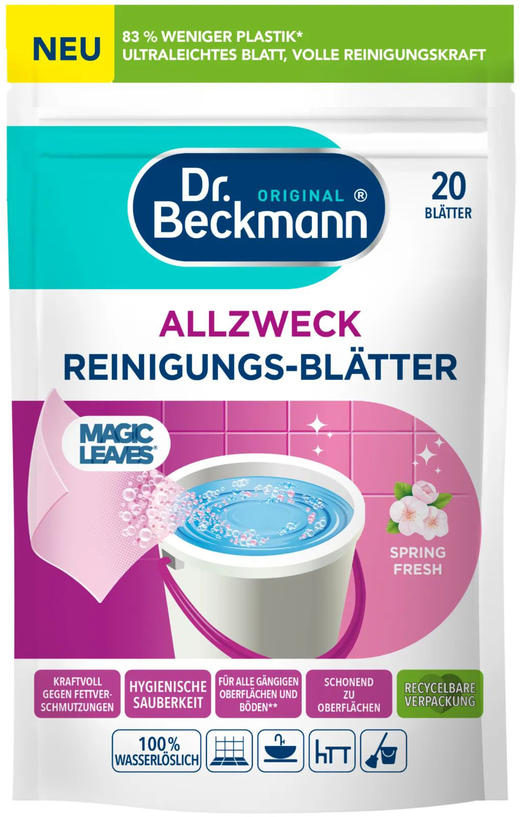 Серветка побутова Dr.BECKMANN Magic Leaves Розчинна Весняна свіжість 20 шт. (4008455097312)