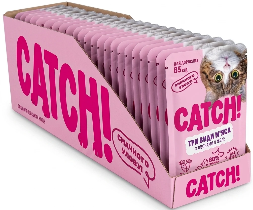 Набор влажного корма для кошек Catch! три вида мяса с овощами в желе 24 шт х 85г (2700000066980)