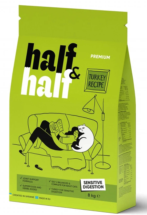 Сухий корм для котів Half&Half із чутливим травленям з індичкою 8 кг (4820261920833)