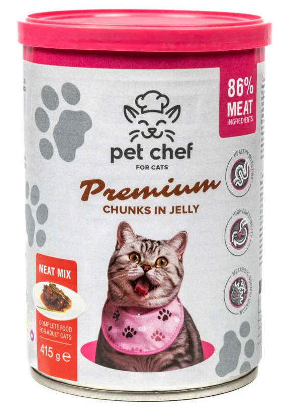 Вологий корм для котів Pet Chef шматочки в желе М'ясний мікс 415 г (4820255193571)
