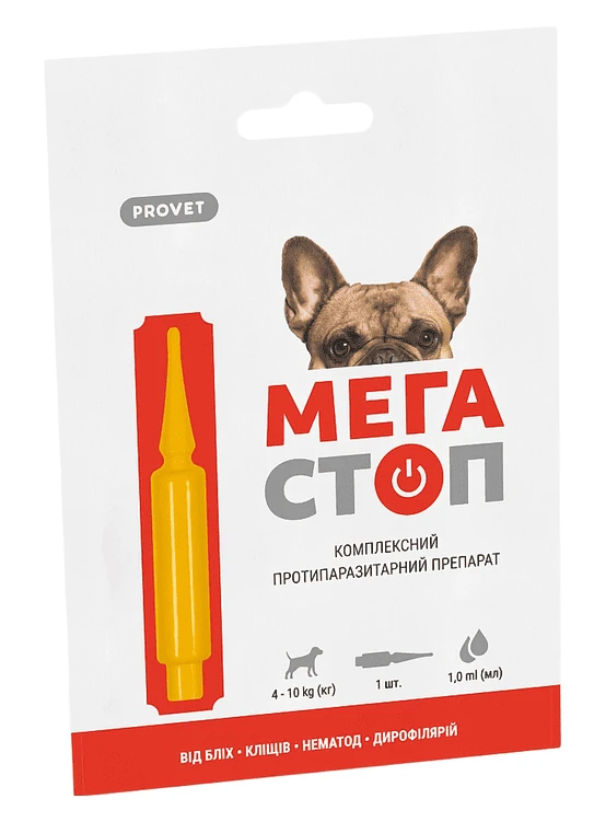 Капли для собак ProVET Мегастоп от 4 до 10 кг от внешних и внутренних паразитов 1 шт. 1 мл (4823082417445)