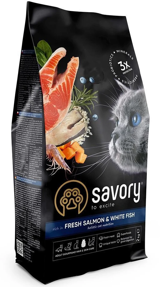Сухий корм для котів Savory Adult Cat Gourmand Fresh Salmon and White Fish для довгошерстих зі свіжим лососем і білою рибою 2 кг (4820232630020)