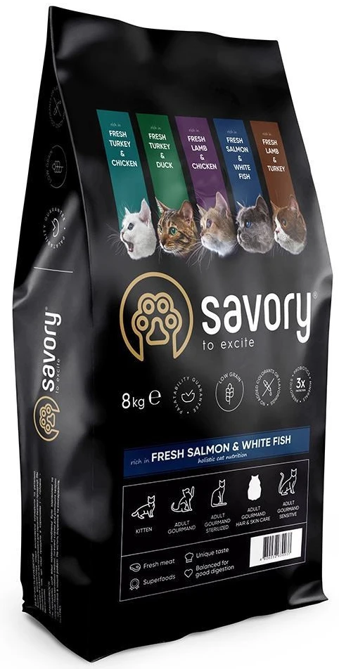 Сухий корм для котів Savory Adult Cat Gourmand Fresh Salmon and White Fish для довгошерстих зі свіжим лососем і білою рибою 8 кг (4820232630037)