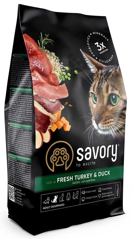 Сухий корм для котів Savory Adult Cat Gourmand Fresh Turkey and Duck для дорослих зі свіжою індичкою і качкою 400 г (4820232630044)
