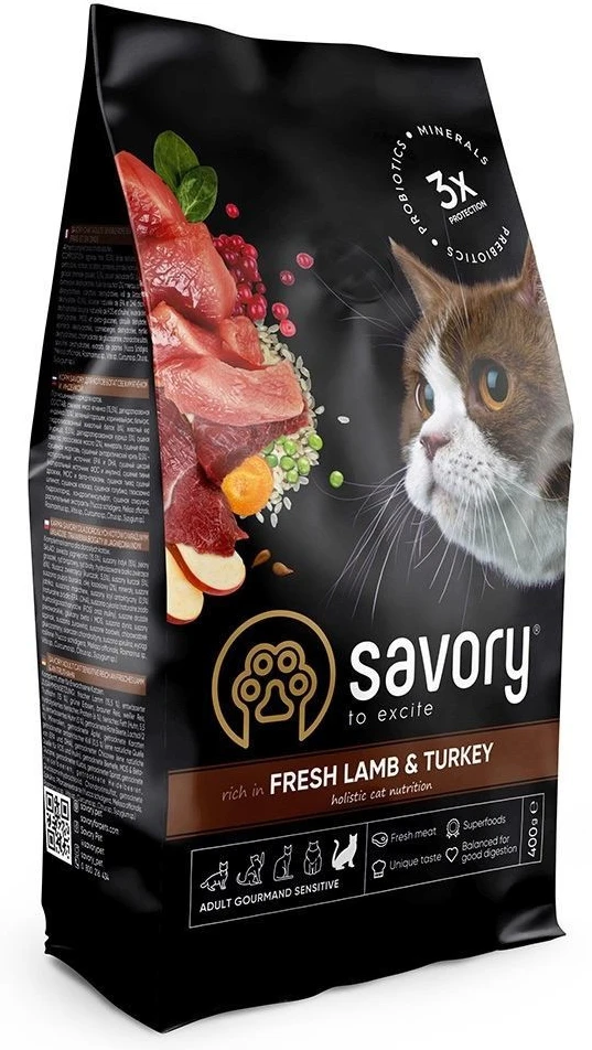 Сухий корм для котів Savory Adult Cat Sensitive Digestion Fresh Lamb and Turkey для дорослих з чутливим травленням зі свіжою ягнятиною та індичккою 400 г (482023263007)