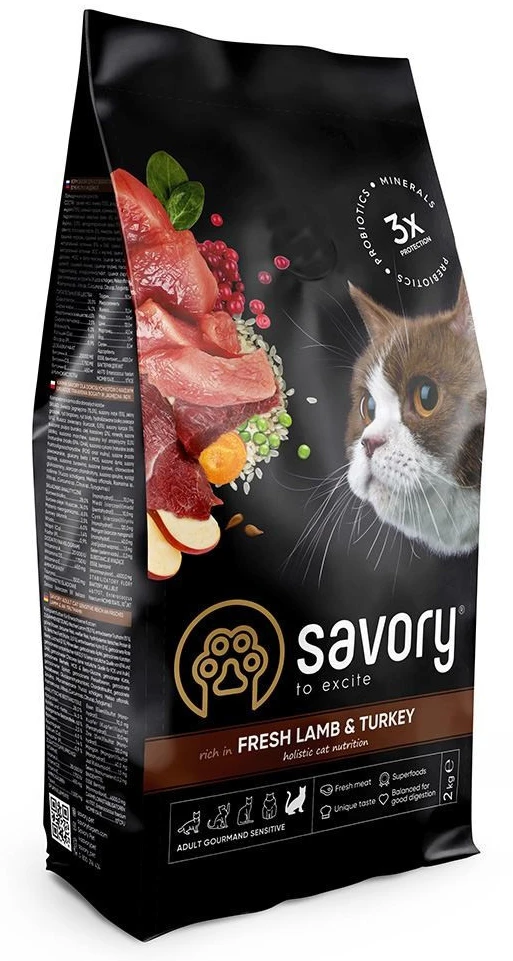 Сухий корм для котів Savory Adult Cat Sensitive Digestion Fresh Lamb and Turkey для дорослих з чутливим травленням з ягнятиною та індичкою 2 кг (4820232630082)