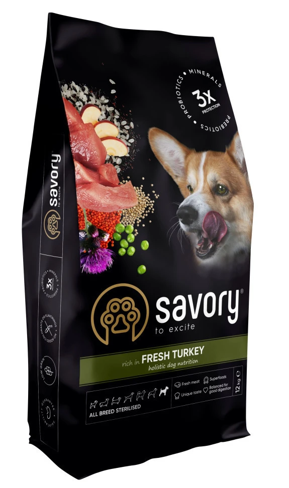 Сухий корм для собак Savory All Breed Sterilised rich in Fresh Turkey 12 кг (4820232631515)