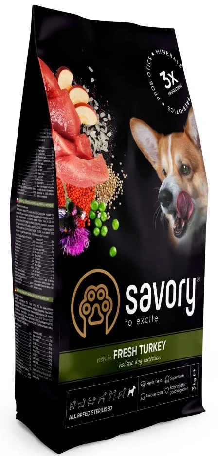 Сухий корм для собак Savory All Breed Sterilised rich in Fresh Turkey 3 кг (4820232631508)