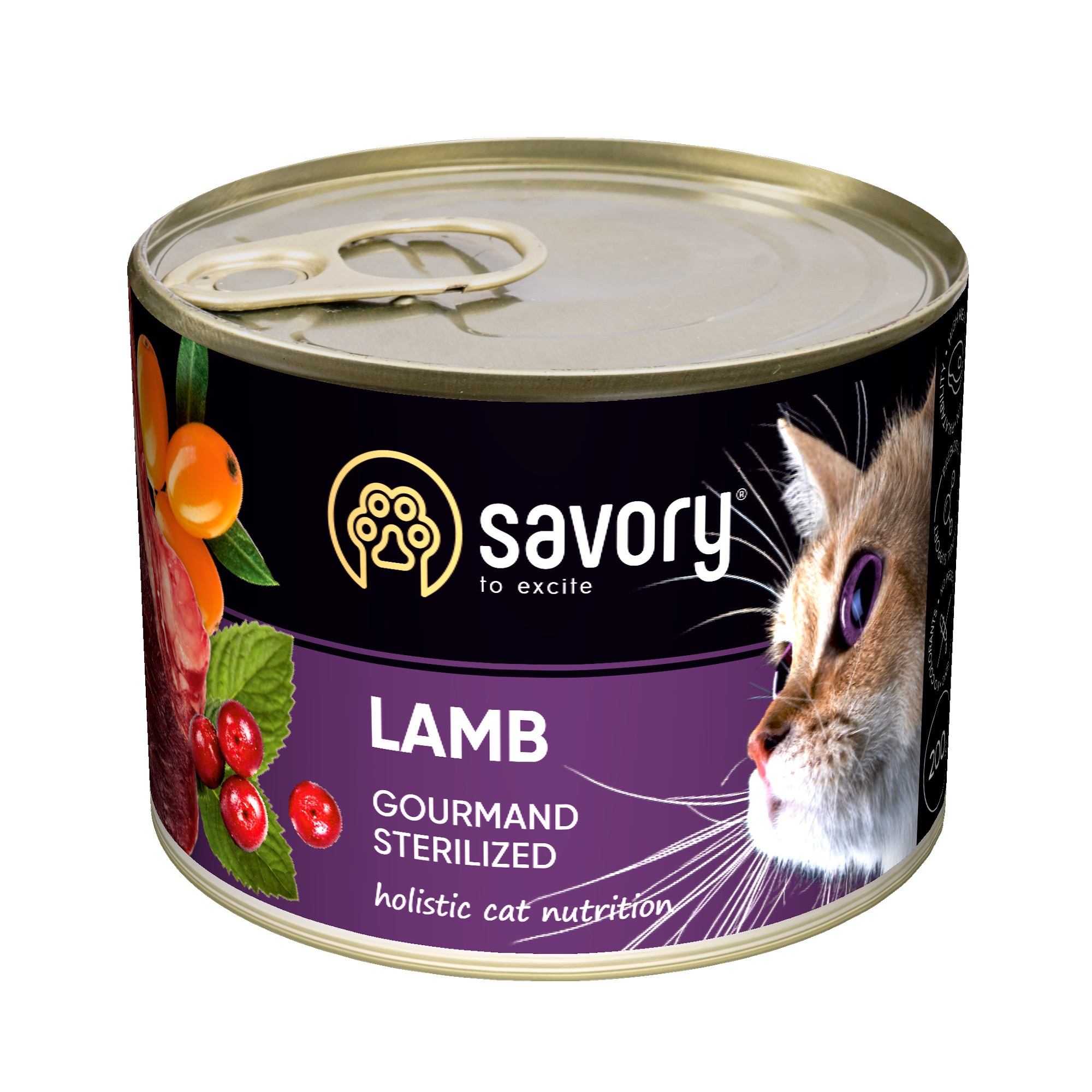 Вологий корм для котів Savory Cat Can Adult Sterilised для стерилізованих з ягням 200 г (4820232630723)
