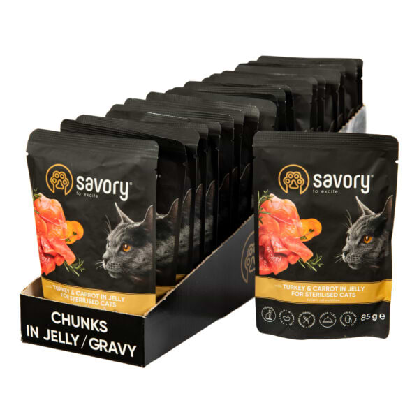 Набір вологого корму для котів Savory Cat Pouch for Sterilised with Turkey and Carrot in Jelly 85 г, 18+4 шт. (2700000029343)