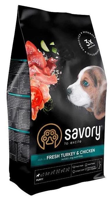Сухий корм для собак Savory Puppy rich in Fresh Turkey and Chicken для цуценят 1 кг (4820232630280)