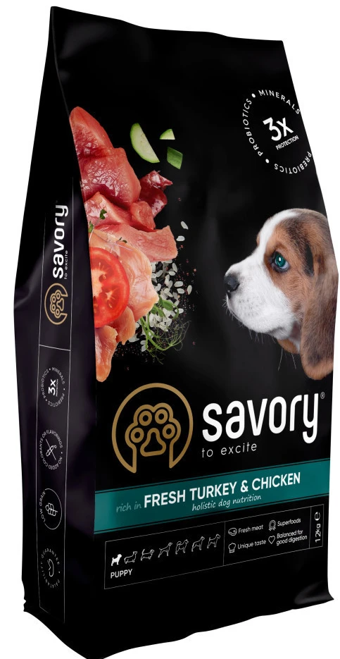 Сухий корм для собак Savory Puppy rich in Fresh Turkey and Chicken для цуценят 12 кг (4820232630303)
