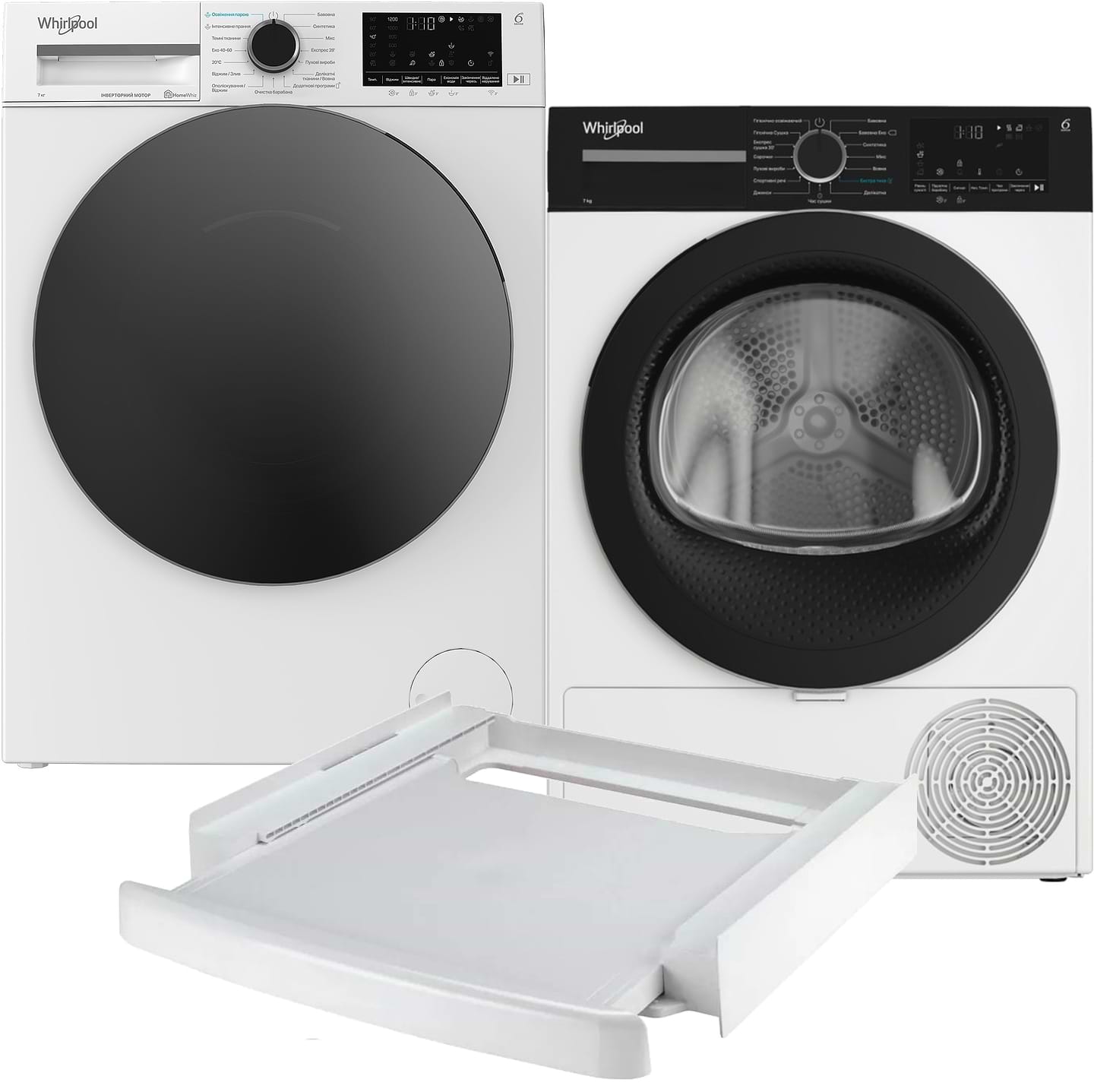 Комплект техніки Whirlpool Пральна машина з фронтальним завантаженням + Сушильна машина + Комплект кріплень для встановлення в колону Whirlpool WAM 762WBC UA + WPS 7 WBS UA + SKS101 White