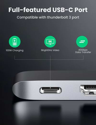 Фото - Хаб USB UGREEN CM251 5-in-2 Dual USB Type-C to 3x USB 3.0 + HDMI + USB Type-C Space Gray (60559)