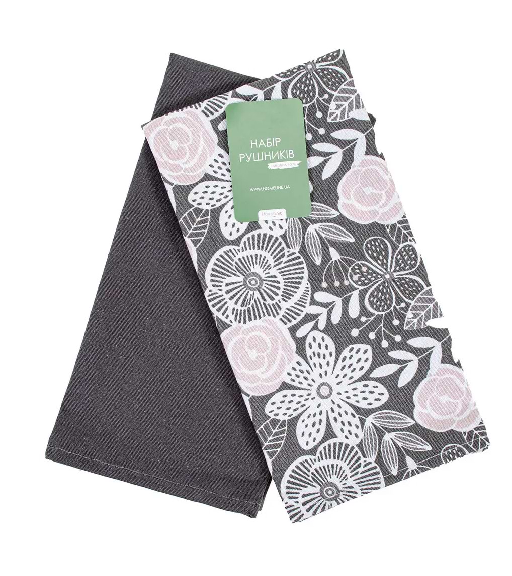Набор полотенец Home Line Полупанама Декоративные цветы графитово-фрезовые 45x60 см 2 шт. (177562) - Фото 1