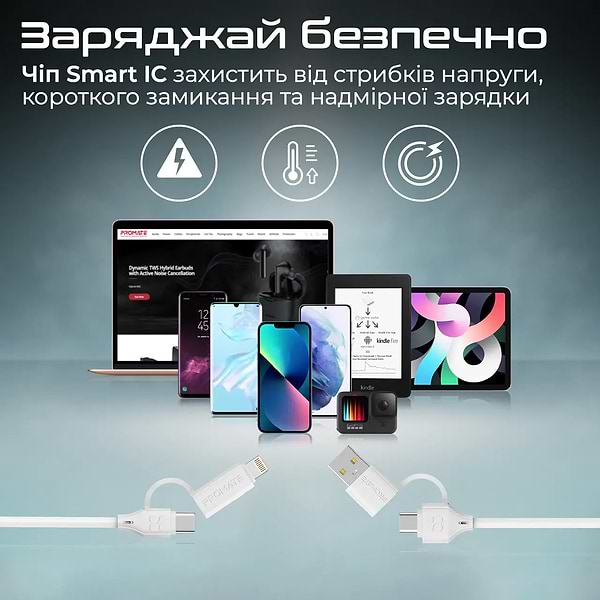 Фото - Кабель синхронизации данных Promate Quadcord-pd60 White