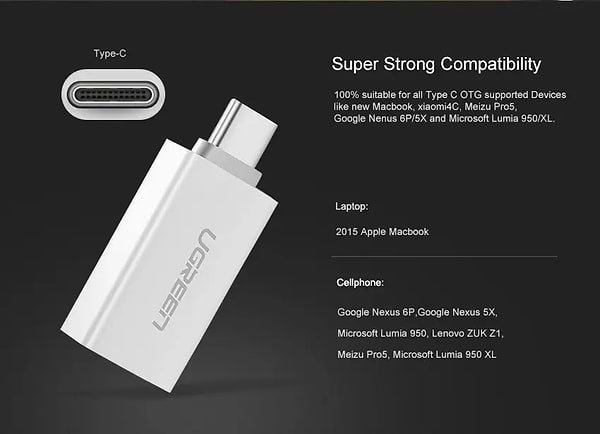 Фото - Переходник UGREEN US173 USB Type-C to USB 3.0 Female OTG Adapter White (30155)