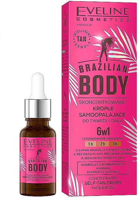 Средство для загара EVELINE Концентрированные капли для автозагара Brazilian Body 6в1 для лица и тела 18 мл (5903416053170) - Фото 1