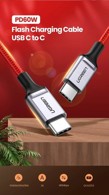 Фото - Кабель синхронизации данных UGREEN US294 USB 2.0 Type C Male to Male 1m Red (60186)