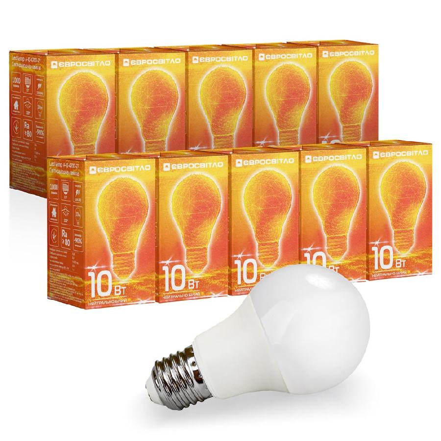Лампочка світлодіодна Євросвітло 10Вт 4200К A-10-4200-27 Е27 10 шт. (000058941)