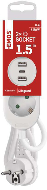Фото - Подовжувач 220В EMOS P0221U, 2 розетки, 1,5 м. з USB-A, USB-C