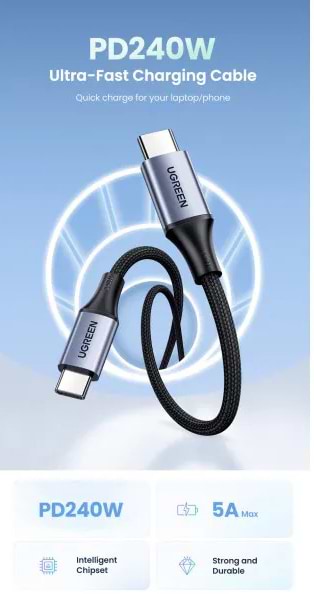 Фото - Кабель синхронізації даних UGREEN US535 USB-C to USB-C 240W PD Fast Charging 2m Space Gray (90440)