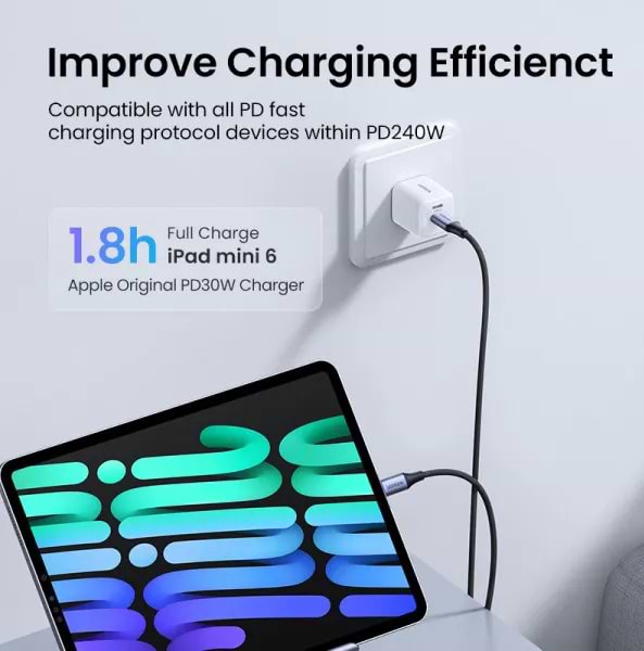 Фото - Кабель синхронізації даних UGREEN US535 USB-C to USB-C 240W PD Fast Charging 2m Space Gray (90440)