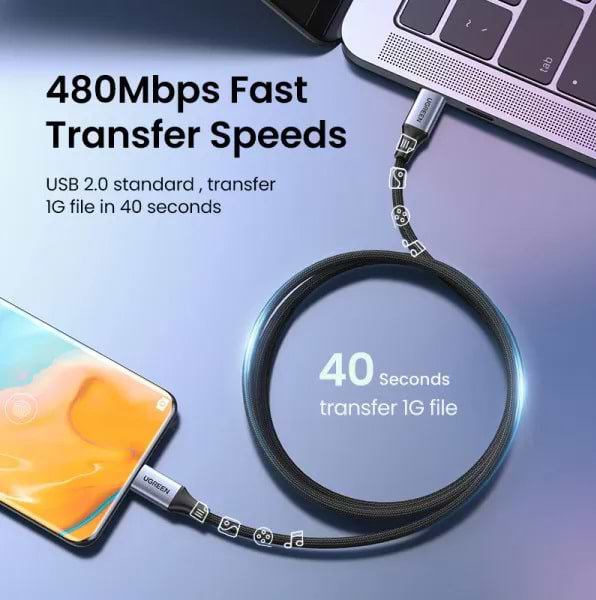 Фото - Кабель синхронізації даних UGREEN US535 USB-C to USB-C 240W PD Fast Charging 2m Space Gray (90440)