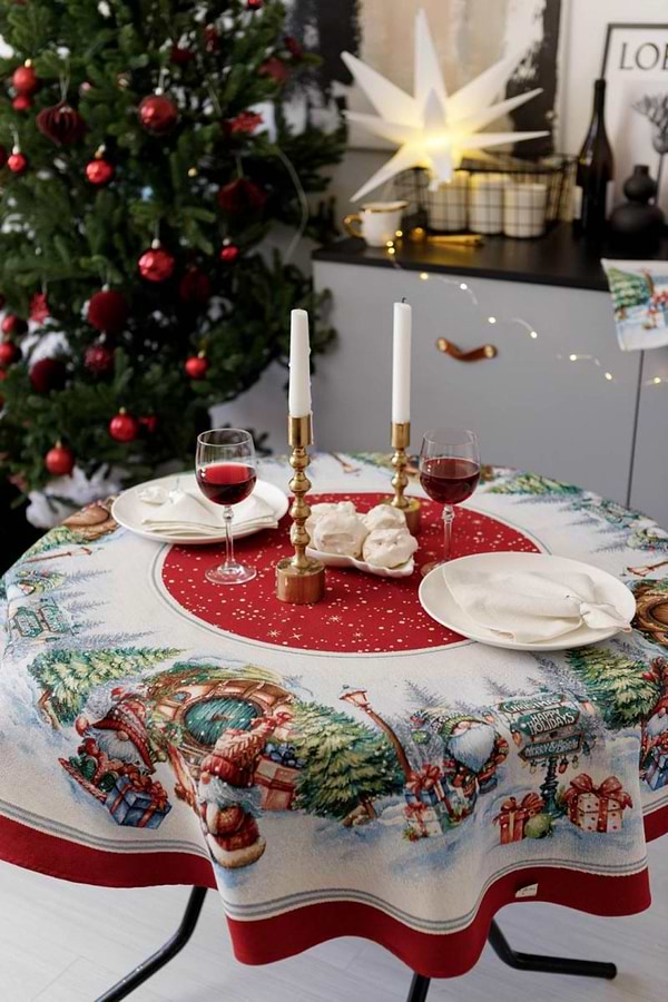 Фото - Скатертина кругла Прованс Різдвяне багаття 180 см (038396)