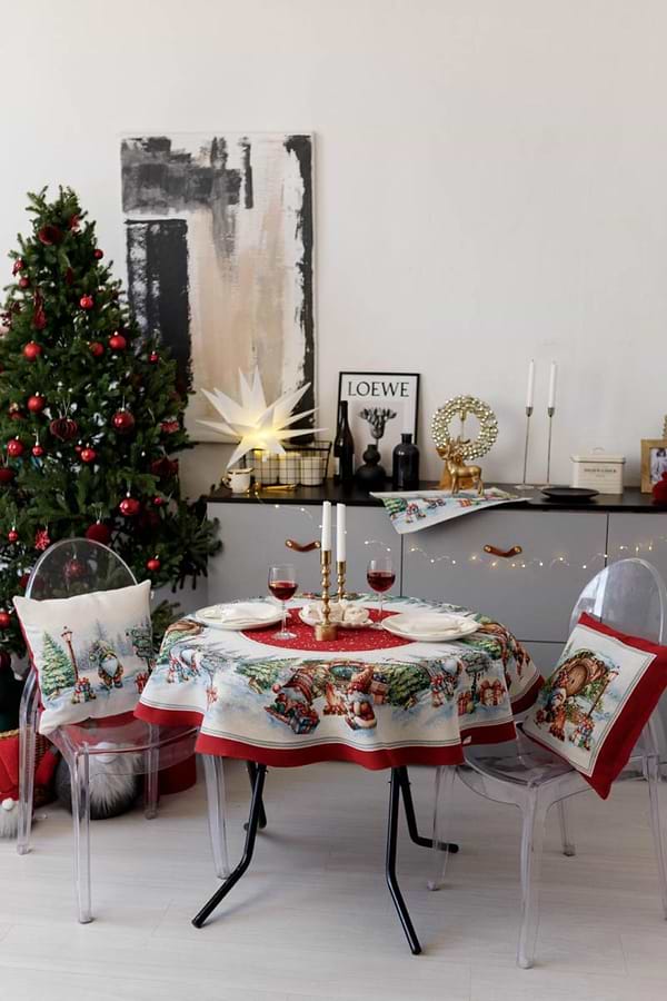 Фото - Скатертина кругла Прованс Різдвяне багаття 180 см (038396)