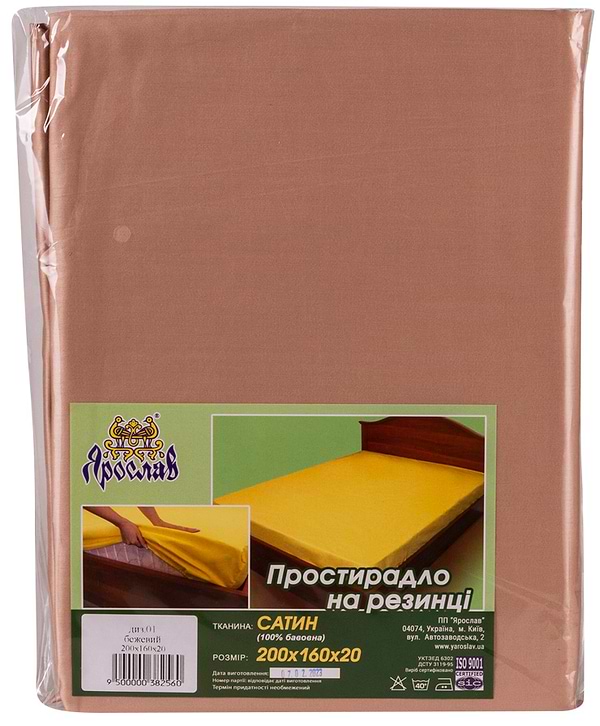 Фото - Простирадло полуторне Ярослав на резинці сатин 200х160х20 диз.01 (бежевий) (38256)