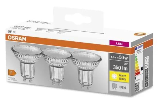 Фото - Лампочка светодиодная Osram LED GU10 4.3Вт 2700К 350Лм PAR16 3 шт. (4058075818392)
