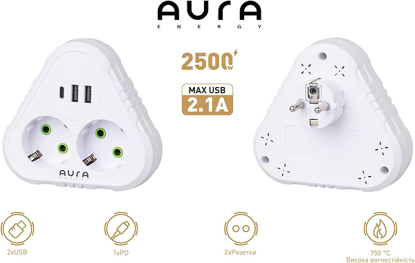 Фото - Разветвитель 220В Aura Energy 2+3 USB-A + USB-C (PD) White (AUEMFP23PDW)