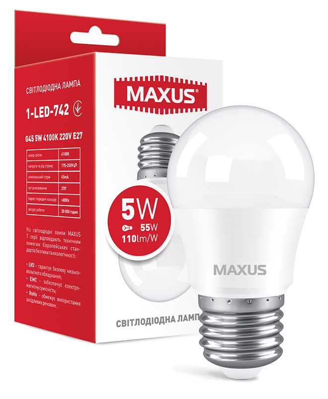 Лампочка светодиодная Maxus G45 5W 4100K 220V E27 (1-LED-742)