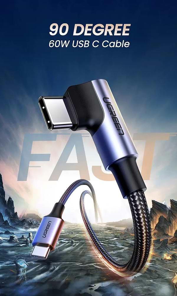 Фото - Кабель синхронизации данных UGREEN US255 USB Type-C to Angled USB Type-C 60W Round 0.5m Black/Gray (50122)