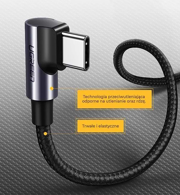 Фото - Кабель синхронизации данных UGREEN US255 USB Type-C to Angled USB Type-C 60W Round 0.5m Black/Gray (50122)