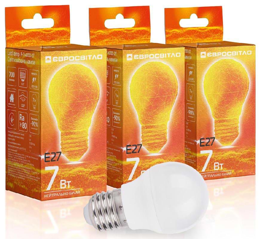 Лампочка світлодіодна Євросвітло 7Вт 4200К P-7-4200-27 Е27 3 шт. (000058934)