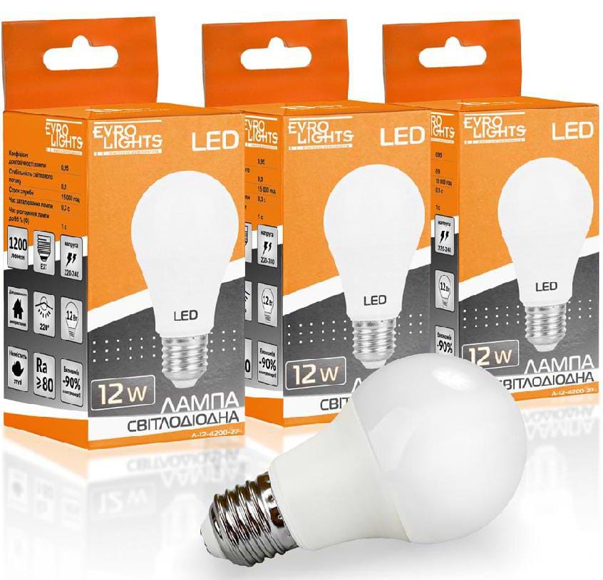 Лампочка світлодіодна EVROLIGHT 12Вт 4200К A-12-4200-27 Е27 3 шт. (000058946)