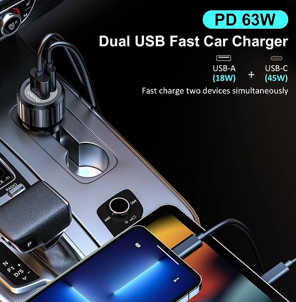 Фото - Автомобільний зарядний пристрій Choetech 1USB Type C 63W 1USB 18W PD3.0 QC3.0 Black (TC0010)