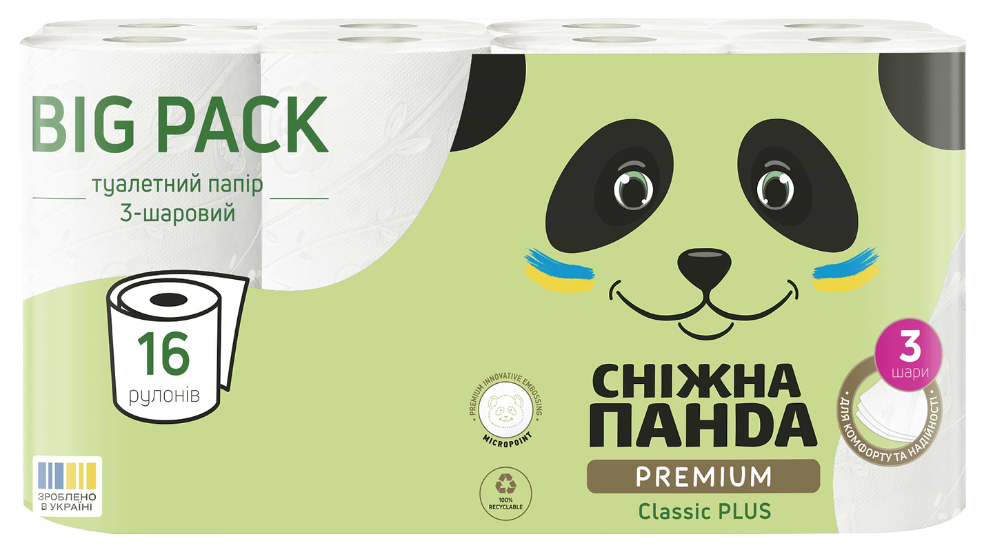Туалетний папір Сніжна панда Преміум Класік Плюс, 3 шари, 16 рулонів (4820183972842)