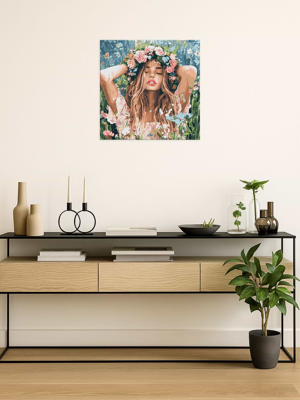 Фото - Картина за номерами Ideyka Дівчина з віночком в полі 40х40 см (KHO8581)