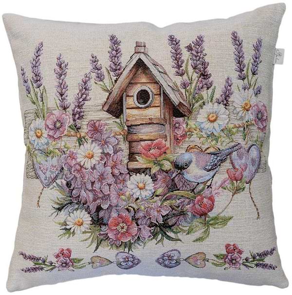 Фото - Подушка декоративна Прованс гобеленова Лавандовий садок пташка на шпаківні 45х45 см (044310)