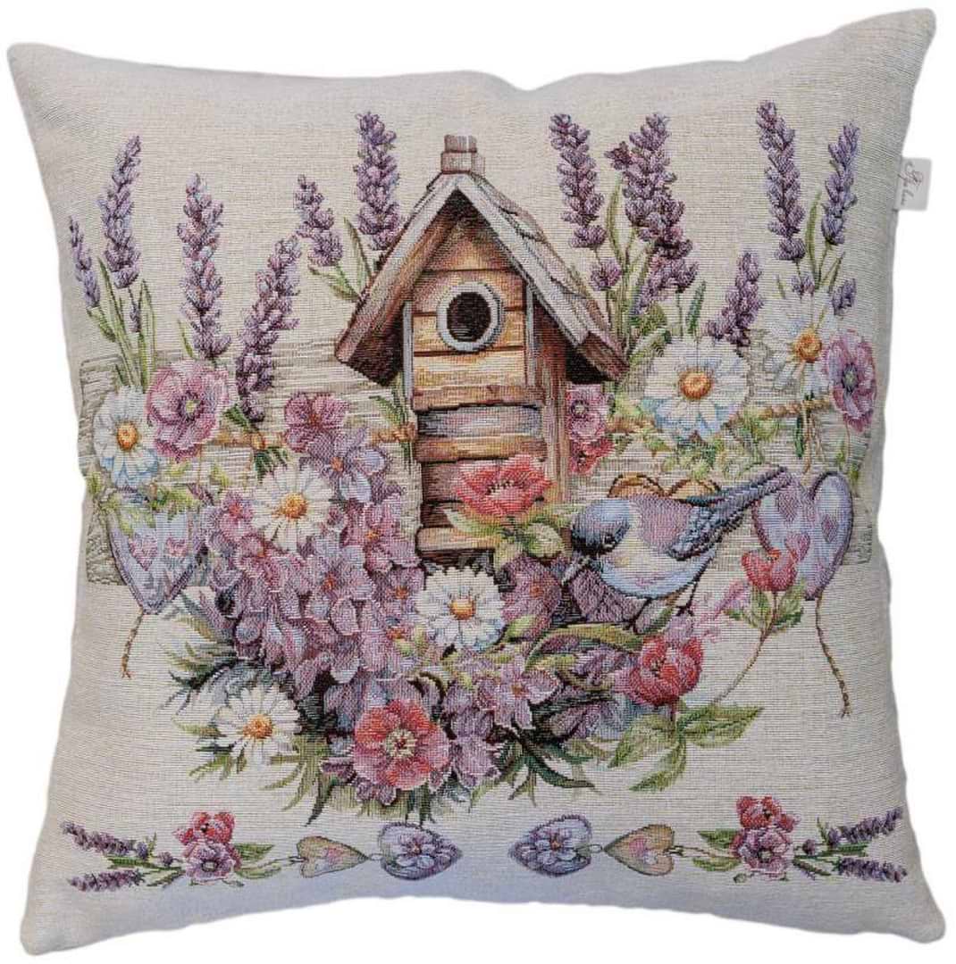 Наволочка Прованс гобеленова Лавандовий садок пташка на шпаківні 45х45 см (044300)