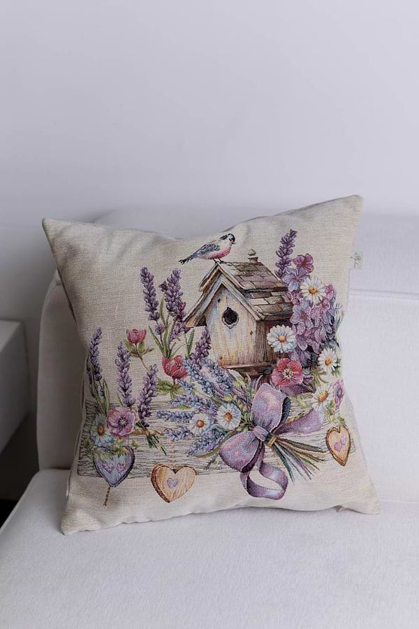 Фото - Подушка декоративна Прованс гобеленова Лавандовий садок пташка на шпаківні 45х45 см (044310)
