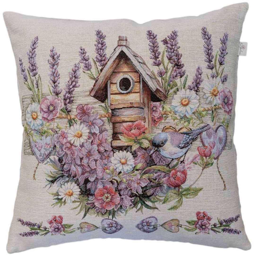Наволочка Прованс гобеленова Лавандовий садок пташка біля шпаківні 45х45 см (044302)